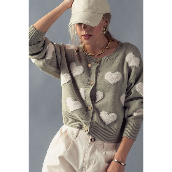 NEW Sage Green Fuzzy Hearts Long Sleeves Button Front Sweater Knit Crop Cardigan - Picture 3 of 11